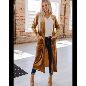 Velvet Duster Robe Open Front Pockets‎ Long Sleeve Loungewear